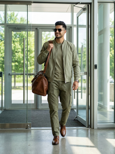 Olive Green Bomber Jacket Glass Entrance Portrait