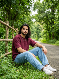 Maroon Shirt Bamboo Fence Greenery Portrait