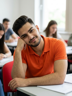 Orange Polo Shirt Relaxed Classroom Portrait