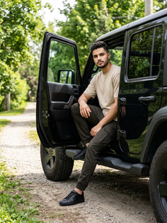 Beige T Shirt Black SUV Outdoor Fashion Portrait