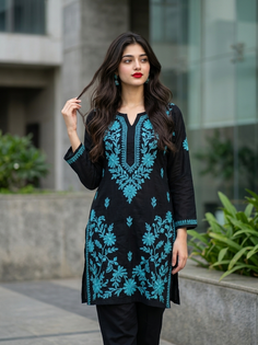 Black Turquoise Embroidered Kurta Outdoor Portrait