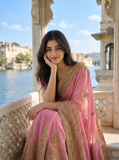Pink Zari Saree Palace Lake Balcony Portrait
