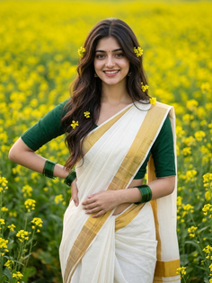 White Saree Green Blouse Mustard Field Portrait
