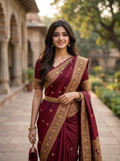 Maroon Embroidered Saree Gold Belt Outdoor Portrait