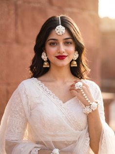 White Chikankari Lehenga Floral Jewelry Portrait