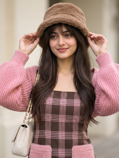 Pink Knit Bolero Plaid Dress Portrait