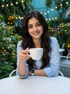 Pastel Blue Shirt Café Coffee Portrait
