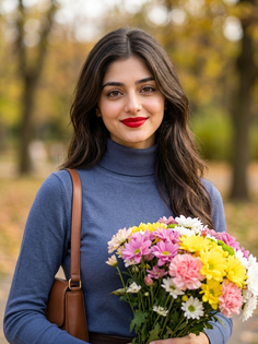 Navy Blue Turtleneck Flower Portrait