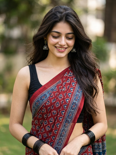 Deep Red Ajrakh Saree Candid Portrait