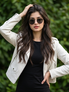 White Leather Jacket Green Foliage Portrait