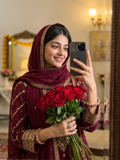 Maroon Hijab Red Roses Mirror Portrait