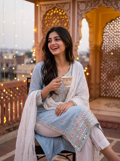 Powder Blue Mirror Work Jaipur Portrait