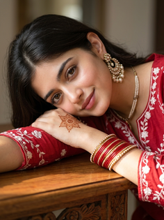 Red Kurta Henna Wooden Table Portrait