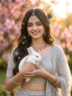 Silver Grey Lehenga Rabbit Golden Hour Portrait