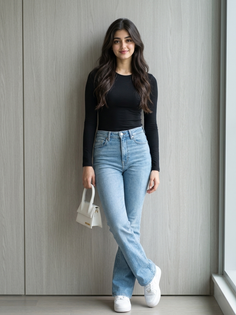 Black Top Flared Jeans Full Body Portrait