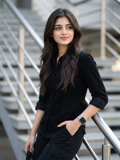 Black Corduroy Staircase Cinematic Portrait