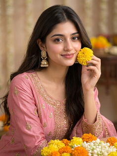 Pink Traditional Suit Marigold Flower Portrait