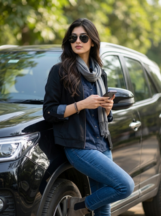 Navy Denim Black Jacket SUV Portrait