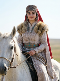 Regal Turkic Nomadic Woman on White Horse