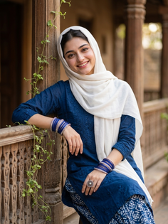 Deep Blue Kurti White Hijab Rustic Portrait