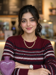 Dreamy Red Sweater Coffee Shop Portrait