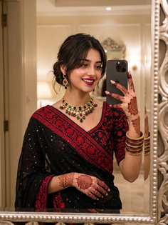 Black Saree Mehndi Mirror Selfie Portrait