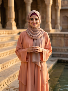 Elegant Peach Abaya Sacred Water Portrait