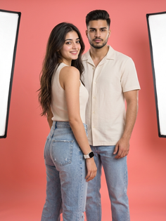 Couple Coral Pink Studio Fashion Portrait