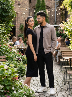 Romantic Couple Garden Cafe Fashion Portrait
