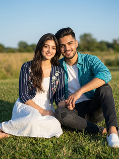 Romantic Indian Couple Meadow Grass Portrait