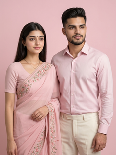 Young Indian Couple Pink Saree Studio Portrait