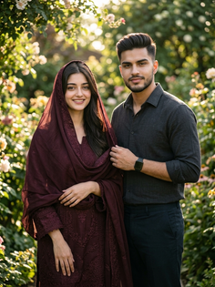 Romantic South Asian Couple Garden Portrait