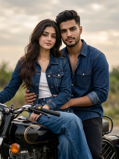 Romantic Couple Motorcycle Denim Portrait