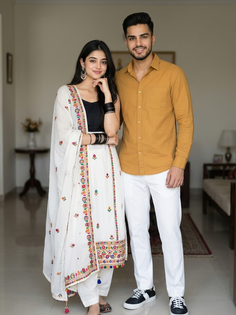 Indian Couple Traditional White Shalwar Kameez Portrait