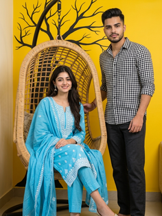 Sky Blue Traditional Outfit Couple Portrait
