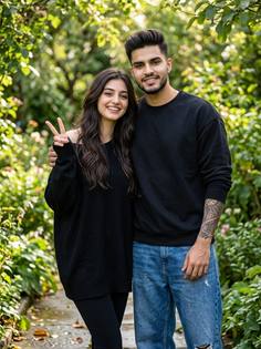 Young Couple Garden Peace Sign Portrait