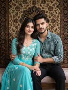 Turquoise Floral Dress Couple Persian Carpet Portrait