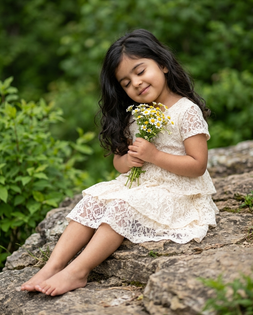 4-Year-Old Girl Cream Dress Flower Garden Portrait