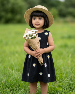 4-Year-Old Girl Black Floral Dress Flower Field Portrait