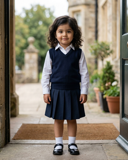 4-Year-Old Girl School Uniform Doorway Portrait