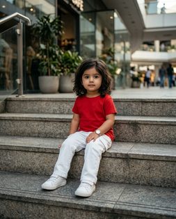 4-Year-Old Girl Red T-Shirt Mall Cafe Portrait