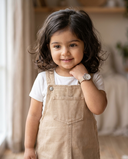 4-Year-Old Girl Beige Dungaree Close-Up Portrait