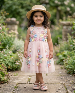 4-Year-Old Girl Pink Floral Tulle Dress Portrait