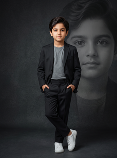 Young Boy Black Suit Cinematic Studio Portrait