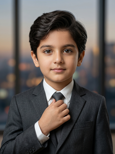Young Boy Dark Suit Cinematic Close-Up