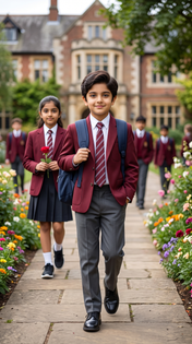 Young Boy School Uniform Flower Path Portrait