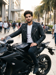 Stylish Biker Man on Black Sport Motorcycle