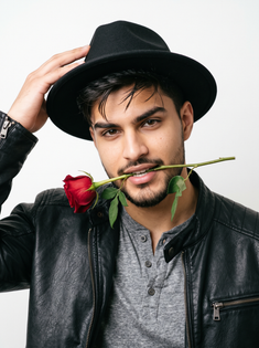 Stylish Man Black Leather Jacket Rose Portrait