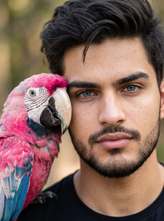 Man and Colorful Macaw Close-Up Portrait