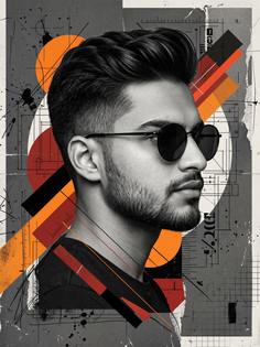 Mixed Media Man Portrait with Geometric Collage